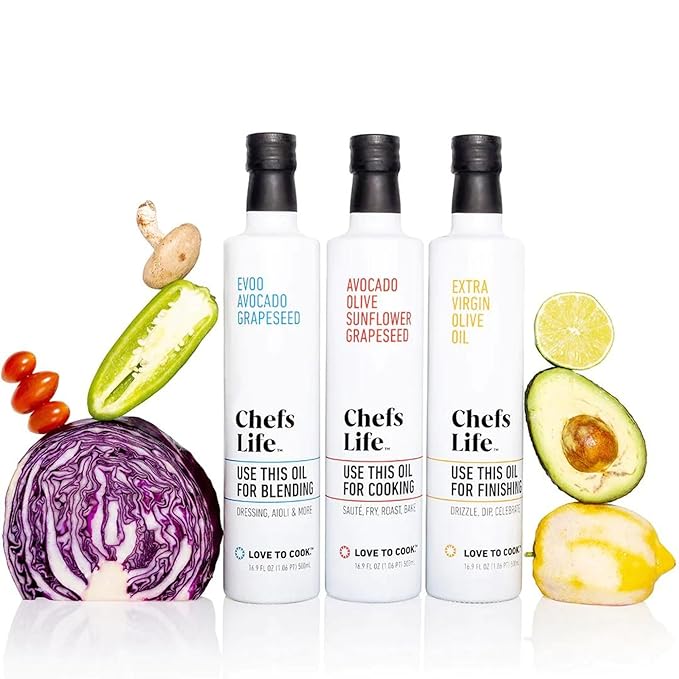 Chefs Life Cooking Oil, Blending Oil, & Finishing Oil 3 Pack - Extra Virgin Olive Oil, Avocado Oil, Cooking Oil Variety Pack, Gift Set for Dipping, Dressing, Cooking - 16.9 Fl Oz (3 Bottle Gift Set)