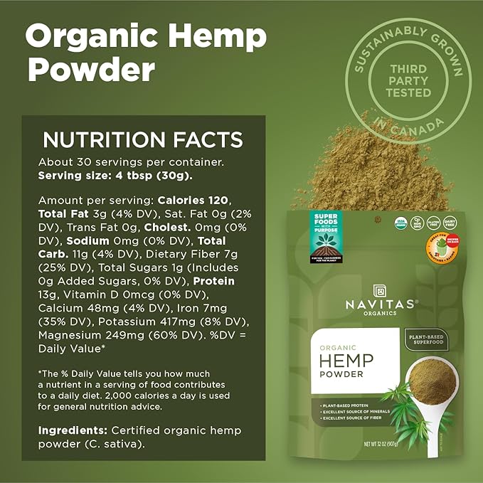 Navitas Organics Hemp Powder – Vegan Protein, Fiber & Minerals – For Smoothies, Oatmeal, Baking , Bars & More – Cold-pressed – USDA Organic, Non GMO, Kosher, Gluten Free (32oz. Bag, 30 Servings)