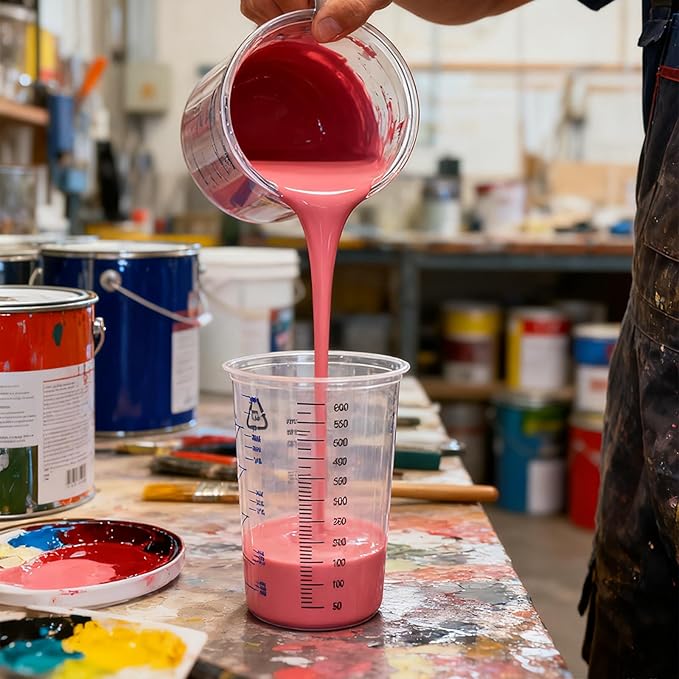 15 PACK Paint Mixing Cups by KEHE REFINISH,20 oz (600ml),Plastic Measuring Cups with Funnels and Mixing Sticks for Liquids, Paints, Resin, Epoxy, Art,Ratios 1:1,2:1, 3:1, 4:1,5:1,6:1,7:1,8:1