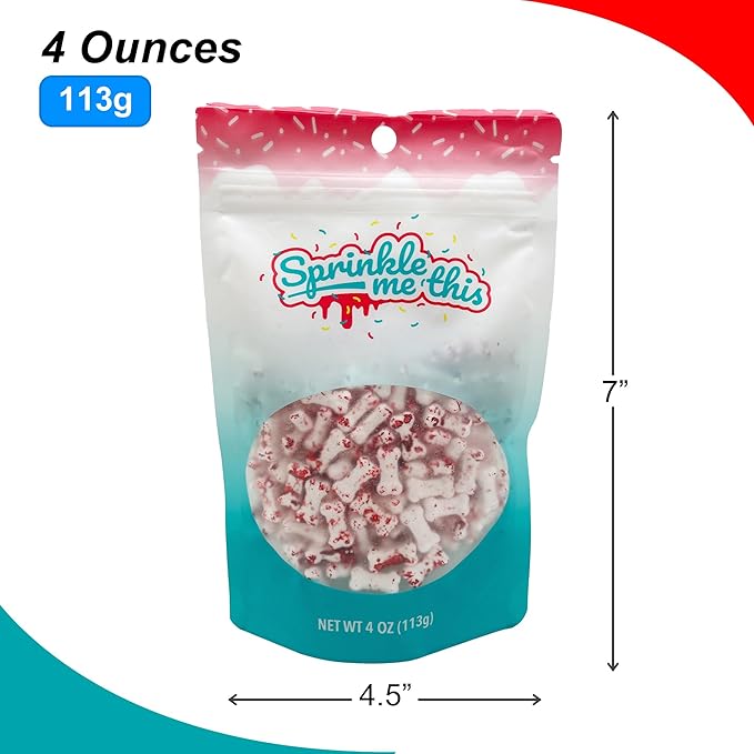 Bloody Bones Treat Toppers - 4 oz Resealable Stand Up Candy Bag - White Candy Bone Shaped Sprinkles w/Red Splashes - Halloween Themed Sprinkles for Holiday Desserts and Snacks