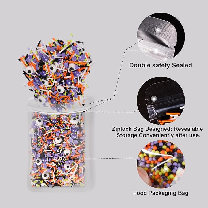 HUEBEATY 6-in-1 Halloween Spooky Sprinkles Edible – 180g Eyeball Candy, Nonpareils, Jimmies, Black and Orange Sugar Sprinkles for Cupcakes, Cookies, Cakes Baking and Decorating – Halloween Edible Topper Decorations