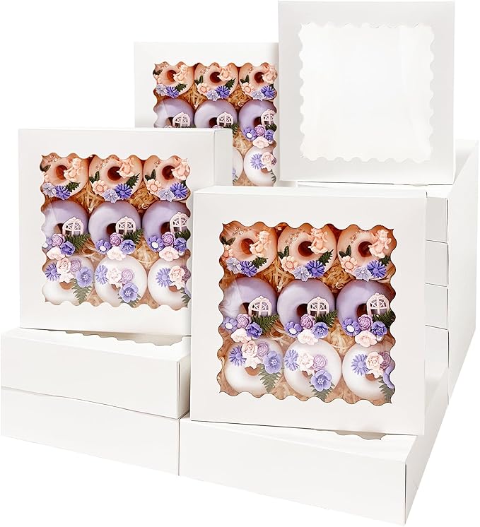 Bakepacker 36pcs White 10x10x2.5 inches Easy Assemble Macaroon Cookie Boxes Bakery Boxes with Window (Auto-pop Up)