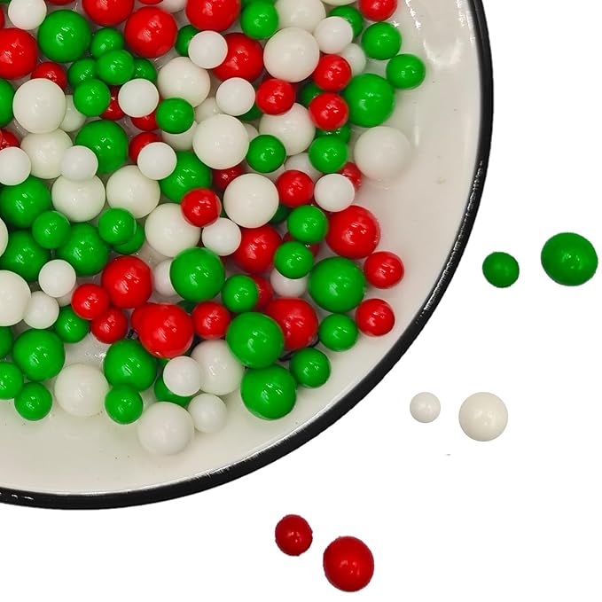 Edible Mixed Christmas 7mm 10mm White Red Green Pearl Sugar Sprinkles, 4.6 oz Candy Pearls Ideal for Baking, Cake Decorating and Cupcake Toppers, Cookie Decoration, Ice Cream Topping