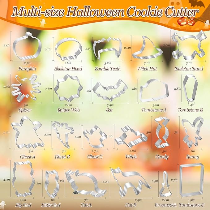 Lezmarket 22Pcs Halloween Cookie Cutters, Stainless Steel Baking Supplies for Halloween Cookie Sandwich Party Decorations- Ghost Pumpkin Cat Bat Coffin Witch Hat Skull Candy Broom Spider Owl Tooth