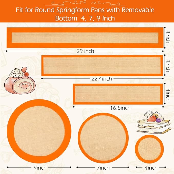 Honeydak 3 Set Silicone Baking Mat for 4, 7, 9 Inch Springform Pan Protector Prevent Cake from Sticking to Bottom and Side Easy Clean Nonstick Silicone Liners for Baking Cheesecake Pan (Orange)