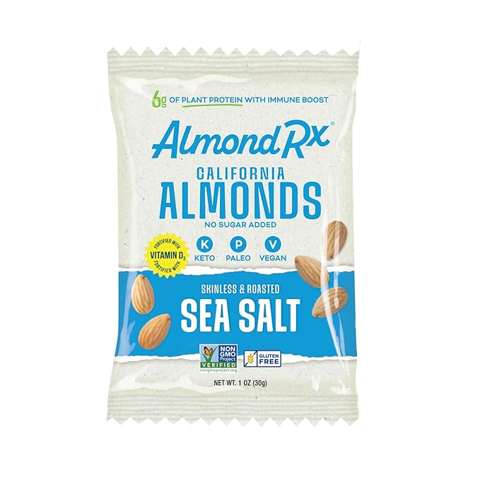 AlmondRx | Heart Healthy Skinless Lightly Salted California Almond Snack Packs | Fortified with Vitamin D | Plant Protein | Keto | Vegan | No Sugar Added (24 Pack, Sea Salt)