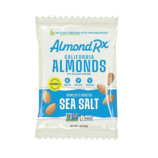 AlmondRx | Heart Healthy Skinless Lightly Salted California Almond Snack Packs | Fortified with Vitamin D | Plant Protein | Keto | Vegan | No Sugar Added (6 Pack, Sea Salt)
