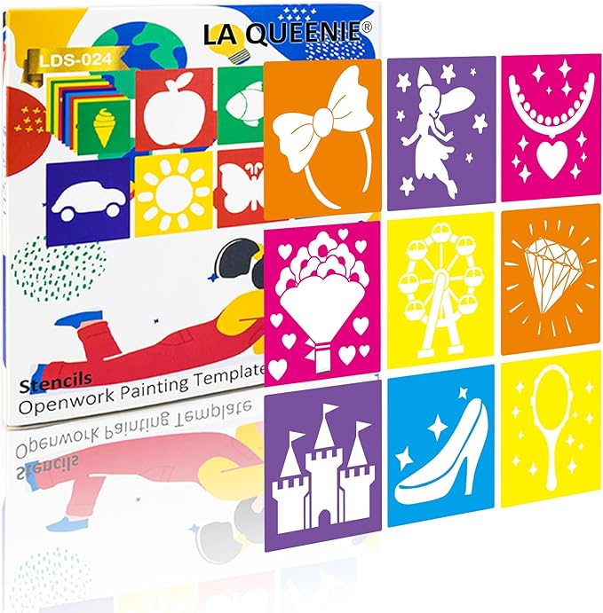 24 Pieces Stencils,Large Drawing Stencils Chalk Template,8 Inches Washable Shape Template Kit for Crafts,Painting Drawing (Princess, 8 inch)