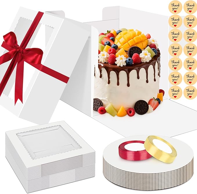 Sudaya 12x12x6 Cake Boxes with Window, Cake Boxes 12 inch with Tall Cakes Box Ribbon Stickers, 12in Disposable Carry Bakery Containers Cajas Para Pasteles for Pies Party Wedding Gift Giving