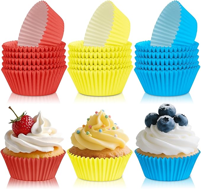 300PCS Red Yellow and Blue Cupcake Liners Mini Muffin Baking Cups Wrappers for Vintage Carnival Birthday Party Supplies Vibrant Disposable Cupcake Papers for Colorful Primary Colors Party Decorations