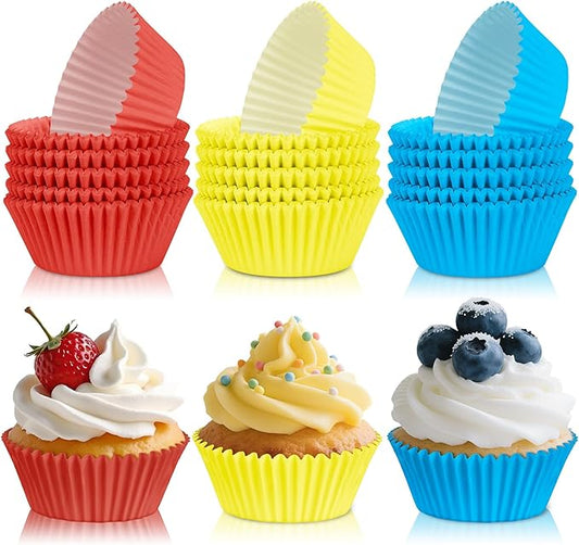 300PCS Red Yellow and Blue Cupcake Liners Mini Muffin Baking Cups Wrappers for Vintage Carnival Birthday Party Supplies Vibrant Disposable Cupcake Papers for Colorful Primary Colors Party Decorations