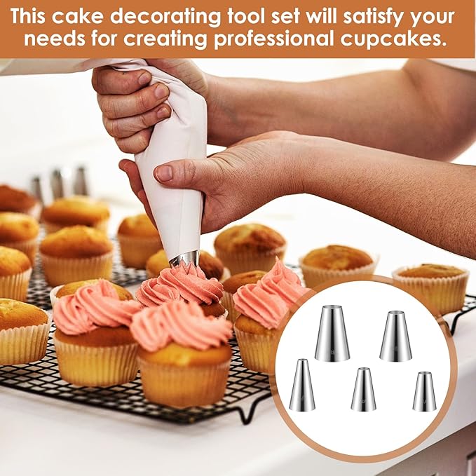 Large Round Piping Tip for Cake Decorating, 5 Pieces Stainless Steel Cupcake Frosting Nozzles Cake Tool Frosting Tip Russian Pastry Icing Dispensers for Baking Cookies Puff Doughnut Cream Bag Filler