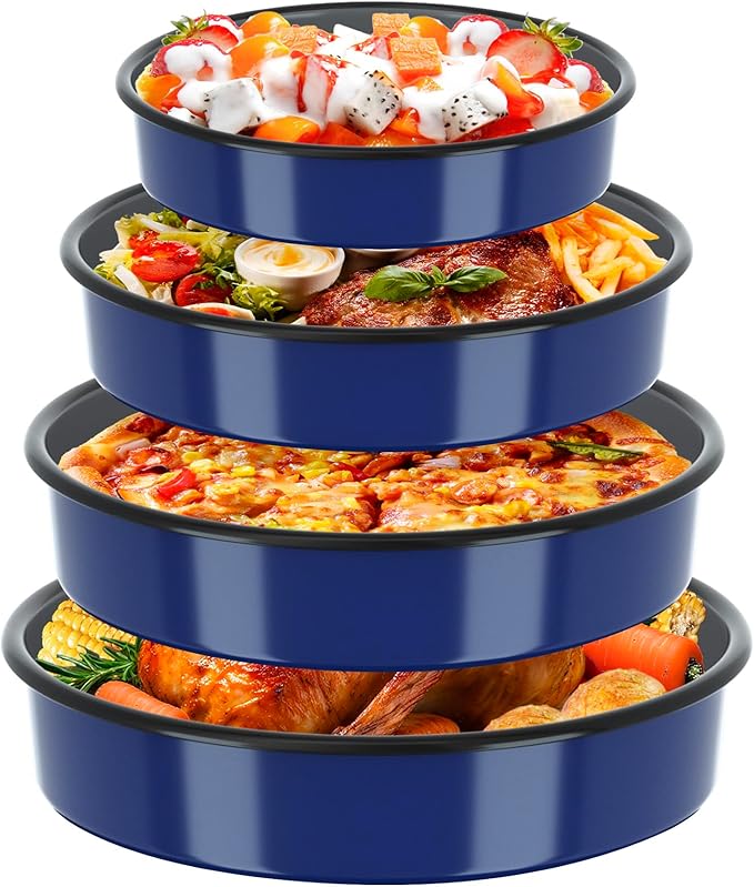 Baking Pans Set Round Roasting Dish 4-Pack 9/10/12/14 Inch Enamel Non Stick Large Bakeware for Cake Bread Pie Pizza Turkey Steak, Non-Toxic Oven Dishwasher Safe Thanksgiving Cookware