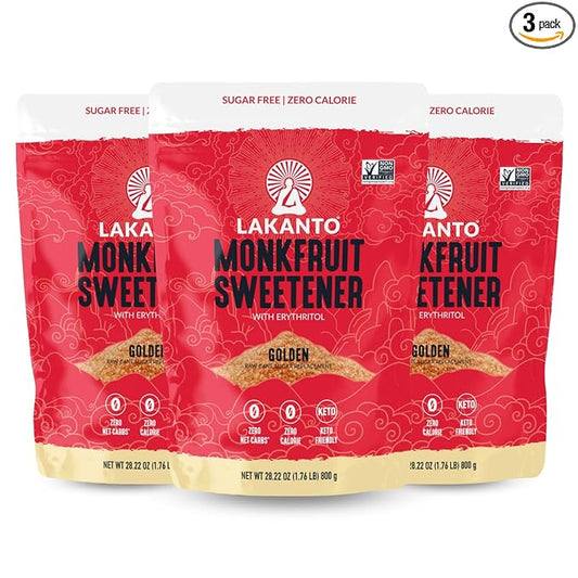 Lakanto Golden Monk Fruit Sweetener With Erythritol, Raw Cane Sugar Substitute, Monk Fruit Extract, Raw Sugar Replacement for Baking, Coffee & Tea, Gluten Free, Low Carb, Non GMO, Keto, 1.76 lb, 3 PK