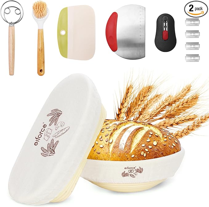 Banneton Bread Baskets,10"Round &11"Oval Proofing Basket with Liners & Covers,Bread Lame,Dough Whish,Brush,Bowl Scraper and Stainless Steel Scraper, for Home & Professional Bakers Baking Tool