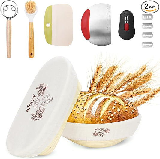 Banneton Bread Baskets,10"Round &11"Oval Proofing Basket with Liners & Covers,Bread Lame,Dough Whish,Brush,Bowl Scraper and Stainless Steel Scraper, for Home & Professional Bakers Baking Tool