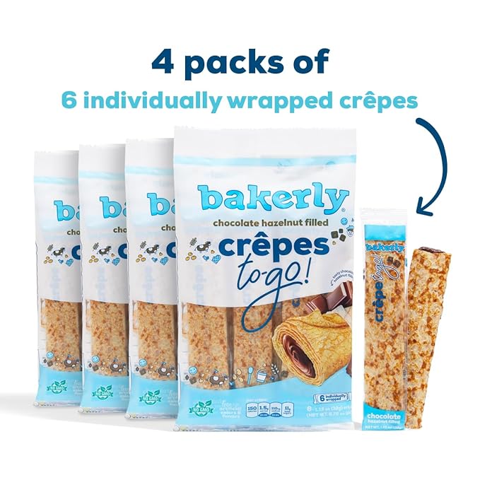 bakerly Chocolate Hazelnut Filled Crepes to go! Non GMO, Free from Artificial Flavors & Colors, Pack of 4, 6-Count (24 Total Crepes)