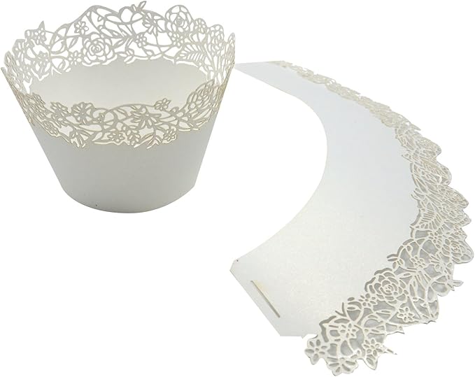 Cupcake Wrappers Pack of 50 White Filigree Artistic Bake Cake Paper Cups Little Vine Lace Laser Cut Liner Baking Cup Muffin Case Trays for Wedding Party Birthday Decoration -By KEIVA