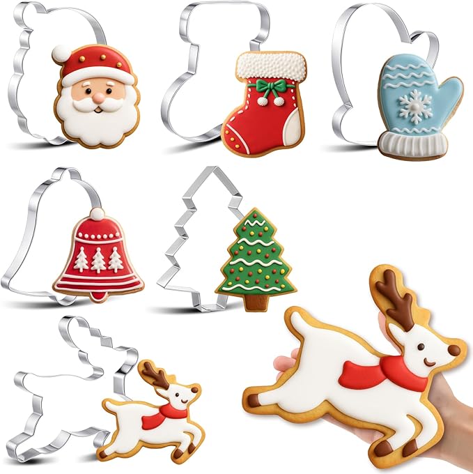 6 Pcs Large Christmas Cookie Cutters 8" Stainless Steel Metal Xmas Baking Cookie Molds for Holiday, Elk, Christmas Tree, Stocking, Santa Face, Mitten, Bell