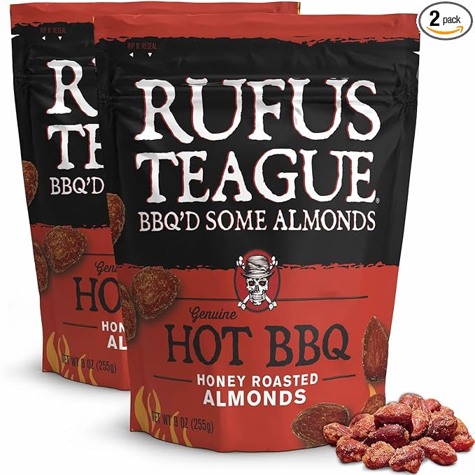 Rufus Teague Hot BBQ Honey Roasted Almonds – Sweet, Spicy & Smoky Gourmet Snacks, 9 oz Resealable Pouch for Freshness, 2 Pack