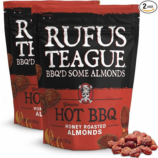 Rufus Teague Hot BBQ Honey Roasted Almonds – Sweet, Spicy & Smoky Gourmet Snacks, 9 oz Resealable Pouch for Freshness, 2 Pack