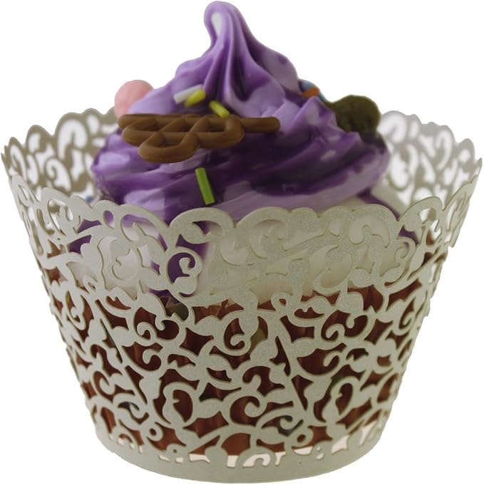 100pcs Cupcake Wrappers Artistic Bake Cake Paper Cups Little Vine Lace Laser Cut Liner Baking Cup Muffin Case Trays for Wedding Party Birthday Decoration (Beige)
