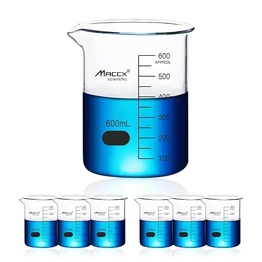 20.3oz(600ml) Sturdy Glass Beaker, 3.3 Borosilicate Griffin Low Form with Printed Graduation, Pack of 6, BKL600-006
