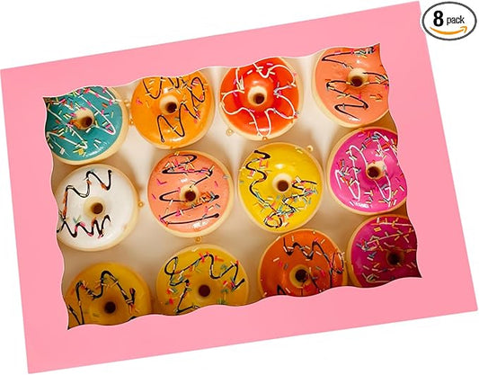 8-PACK Pink Pastry Bakery Box 14x10x3inch,Large Donuts,Muffins,Cookies Boxes with PVC Window - Auto-Pop up Paper Box Nature Cardboard Take Out Container,Pack of 8