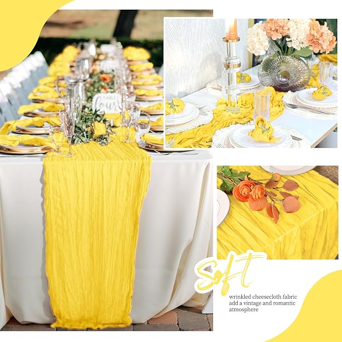 12 Pack Lemon Yellow Cheesecloth Table Runner 17x108 Inch Semi Sheer Boho Gauze Cheese Cloth Fabric Table Runners, for Wedding Party Baby Shower Birthday Home Decor Garden Farmhouse