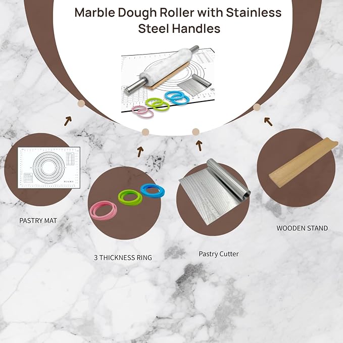 White Marble Rolling Pin with Stainless Steel Handles Baking Set - Silicone Baking Mat, Stainless Steel Dough Cutter，Marble Rolling Pin with 3 Multi-Color Thicknesses and Wooden Base