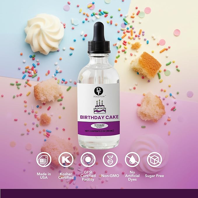 Dolce Flav Birthday Cake Extract – 2 Ounce Water-Soluble Kosher, Sugar-Free, Concentrated Festive Cake Flavoring for Frostings, Cupcakes & Desserts, Includes Measured Dropper
