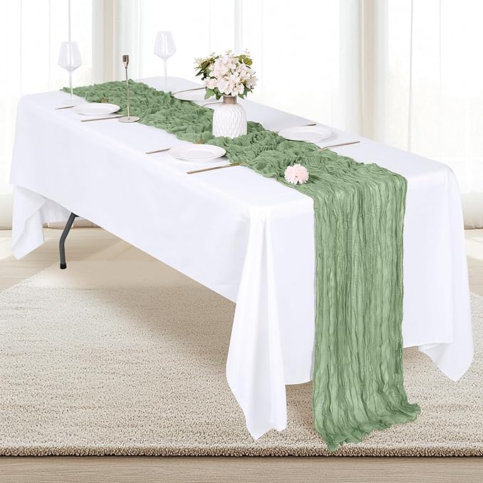 6 Pack Sage Green Cheesecloth Table Runner 17x108 Inch Semi Sheer Boho Gauze Cheese Cloth Fabric Table Runners, for Wedding Party Baby Shower Birthday Home Decor Garden Farmhouse