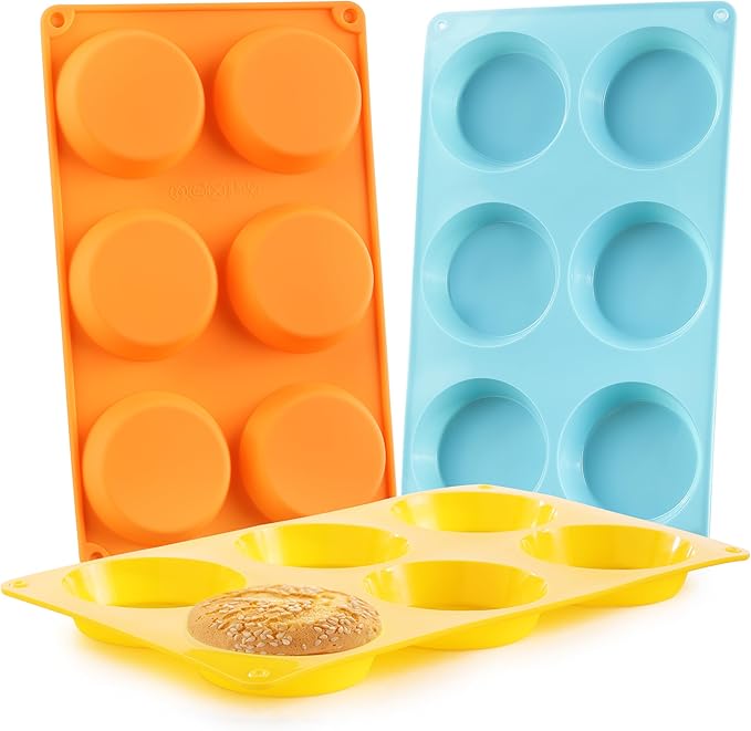 Muffin Top Pan, Silicone Egg Mold for Breakfast Sandwiches, Non-Stick 3" Round Egg Molds for Muffin Top, Whoopie Pies, Corn Bread, Tarts (Set of 3)