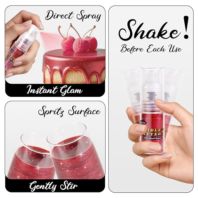 Red Edible Glitter Spray 5g, Shimmer Edible Glitter for Cocktails, Food Grade Luster Dust for Beverages & Cake Decorating, Drinks, Baking, Chocolate