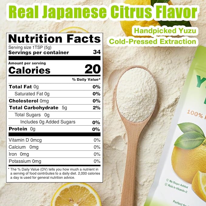 6oz Yuzu Juice Powder - Tangy Japanese Citrus Mix for Drinks, Cocktails, Baking - Instant Yuzu Powder with No Added Sugar for Cooking, Beverages, and More