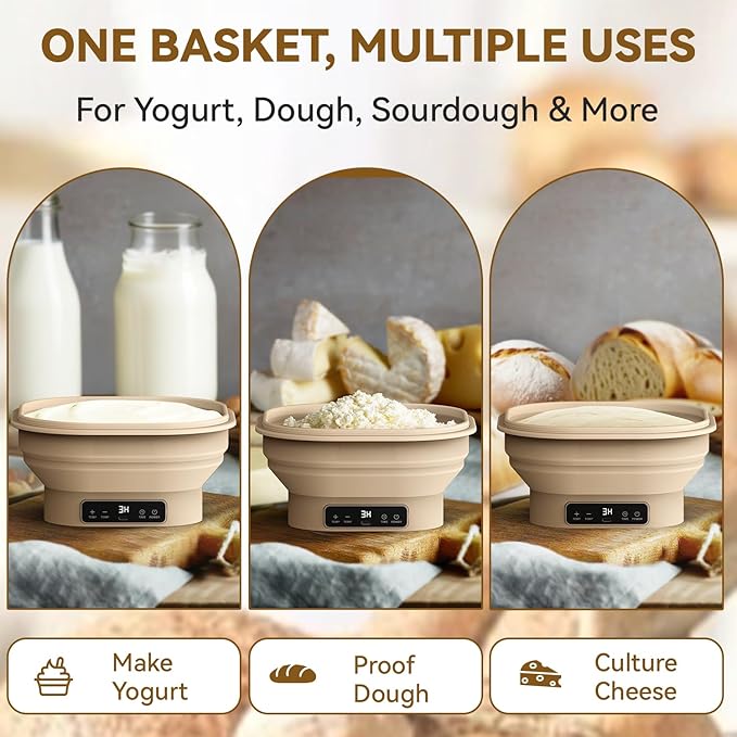 Heating Sourdough Banneton Bread Proofing Basket Kit with Timer & 6 Temp Settings, 2L Foldable Silicone Dough Proofing Box Electric Sourdough Starter Warmer Set for Dough Rising, Baking Supplies