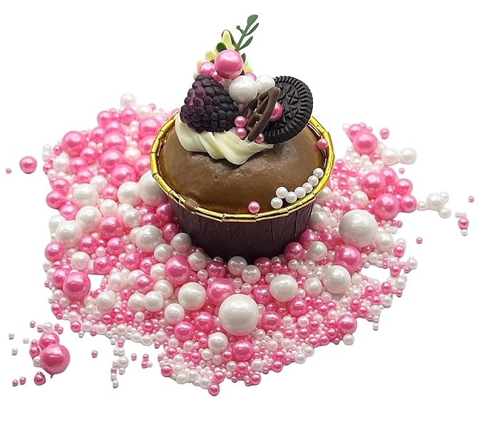 SE Si&Moos White and Hot Pink Pearl Sprinkles for Cake Decorating Edible Cake Cookie Pearls Cupcake Decorations Hot Pink and White Sprinkles for Cake, Cupcake, Cookies Party Holiday Christmas Supplies 3.5 OZ