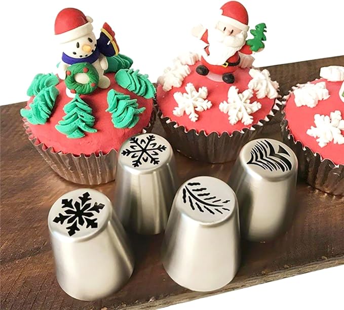 25 Pieces Stainless Steel Extra Large Christmas Piping Tips Set,13 Christmas Frosting Icing Tips with 10 Disposable Pastry Bags,1 Small Russian Tip,1 Cleaning Brush for Cake Decorations