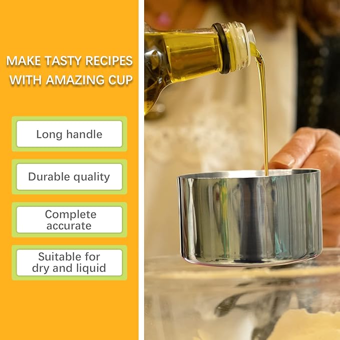 2PCS 1Cup (237ml, 8oz) Single Measuring Cup with Black Silicone Grip, Stainless Steel Individual Measure Scoop Only