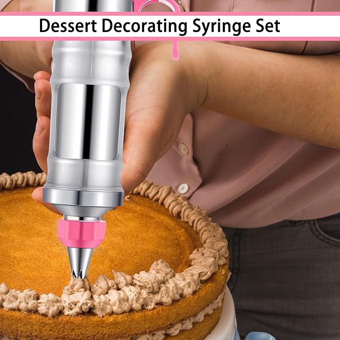 Hendiy Dessert Decorating Syringe Set, Frosting Piping Kit Stainless Steels Cake Decorating Kit with 6 Piping Tips & 9 silicone cupcakes, Cupcake Decorating Kit Piping Bags and Tips Set