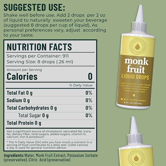 Natrisweet Liquid Monk Fruit Sweetener Drops, 8 fl oz, Pure Monkfruit Drops Without Erythritol, No Fillers, Zero Calorie, Keto Syrup, Liquid Monk Fruit Extract, Sugar Substitute, 911 Servings