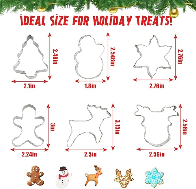 Christmas Cookie Cutter Set 6 Pack Stainless Steel Holiday Shapes (Snowman, Tree, Gingerbread Man, Snowflake, Reindeer) for DIY Baking Decoration, Home and Party Use