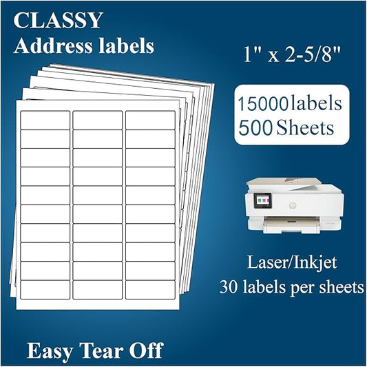 (500 Sheets, 15000 Labels) Sticker Paper, 1" x 2 5/8" Shipping Address Labels, 30 Per Page Self Adhesive Mailing Label for Laser and Inkjet Printers
