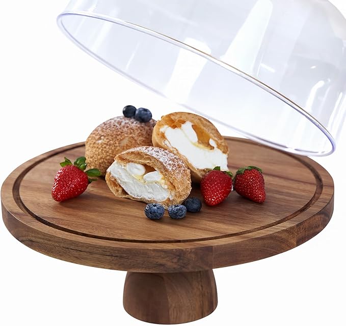 Cake Stand with Lid, Multi-Functional 12in Round Cake Holder, Acacia Wood 2-in-1 Dessert Table Display Set, Charcuterie Board for Cheese ,Fruit Platter, Large Acrylic Cake Dome Cover