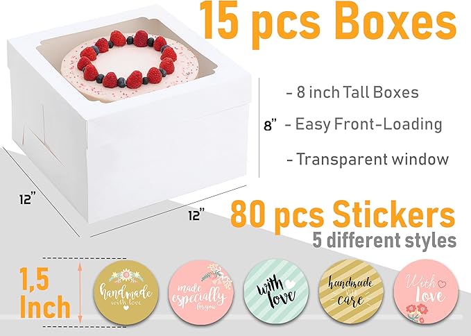 12x12x8 Inch Cake Boxes 15 pcs, Large 12 Inch Cake Box with Window for 8 Inch Tall Tiered Bakery Cakes, Pies, Sturdy Square White Cardboard, Cake Decorating Supplies (80 Pcs Stickers)