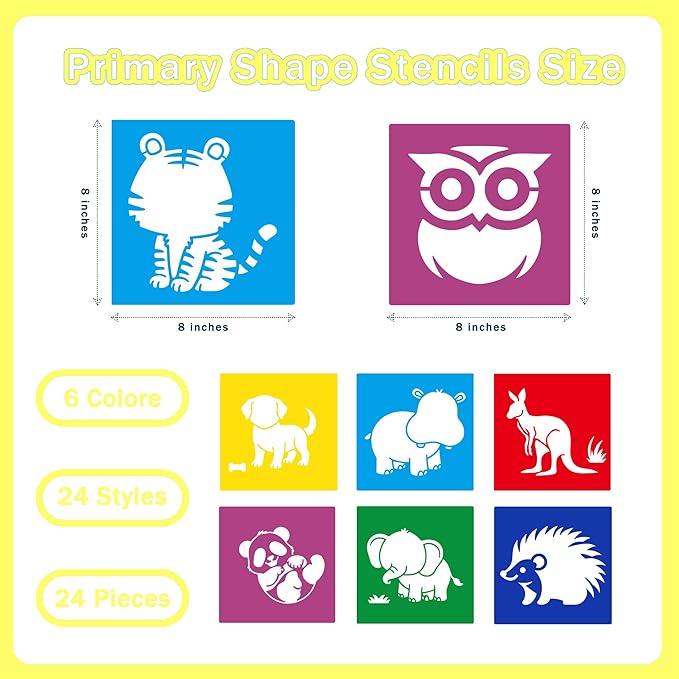 24 Pieces Stencils,Large Drawing Stencils Chalk Template,8 Inches Washable Shape Template Kit for Crafts,Painting Drawing(Animal, 8 inch)