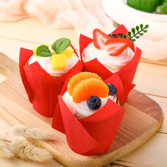 Jutom 200 Pack Tulip Cupcake Liners Paper Baking Cups Greaseproof Muffin Liners Grease Resistant Cupcake Wrappers for Weddings Birthday Cake Balls Muffins Candy Jelly Party(Red)