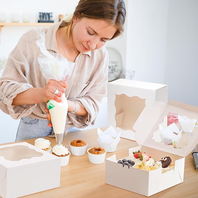 50pcs Cookie Boxes with Window, 6x6x3 Inches White Bakery Boxes, 60 Pcs Stickers,for Small Cookies, Treats, Candy, Desserts, Chocolate Covered Strawberries,Mini Cake Boxes