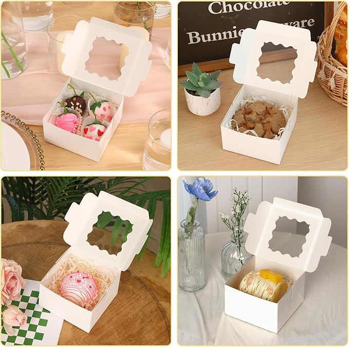 Moretoes 50pcs White Cookie Boxes with Window, 4x4x2.5 Inches Bakery Boxes with 5pcs Stickers for Small Cookies, Treats, Desserts, Chocolate Covered Strawberries, Mini Cake