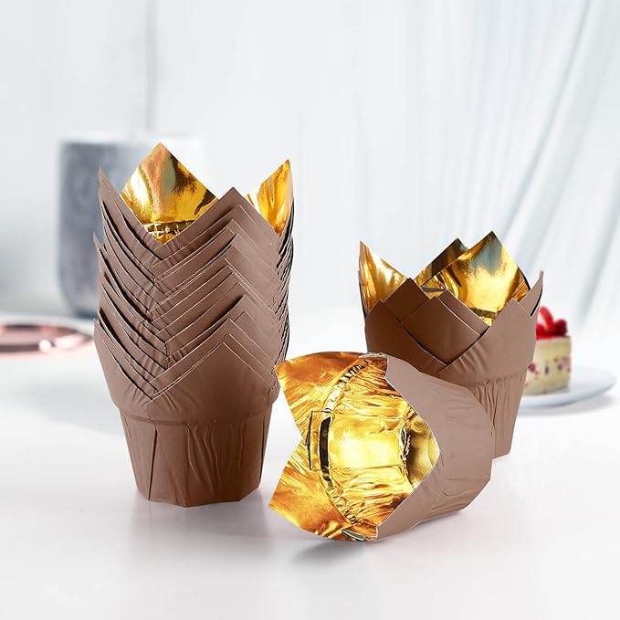 Party Hippo Gold Tulip Cupcake Liners 100 Pcs Baking Paper Cups Holders Greaseproof Muffin Cases Wrappers for Wedding Birthday Party Baby Shower (Coffee)